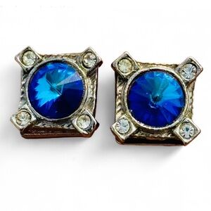 Vintage Sapphire Blue Rivoli Crystal Silver Tone Shoe Clip Set with CZ Accents